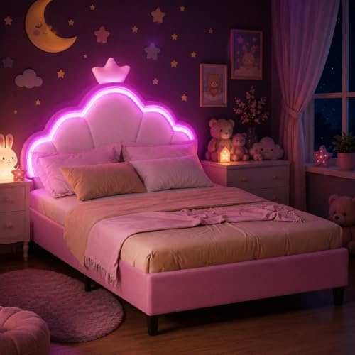 Double Bed Frame with LED light, Velvet Upholstered Bed with Crown Shape, Pink Princess Bed with Height Adjustable Headboard,Children's Bed Youth Single Bed with Solid Wood Slats (Pink, 135x190cm)