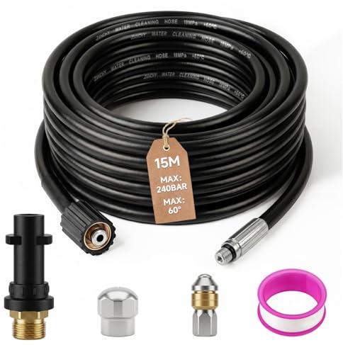 15M Tuyau Déboucheur Canalisation Compatible avec Karcher Nettoyeur, avec Buse à Jet et Buse Rotatif, 240 Bar 60C° Kit Furet Professional Compatible Kränzle Kärcher K2, K3, K4, K5, K6, K7