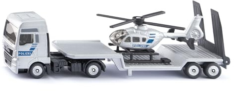 Siku 1759 Camion MAN con elicottero della polizia e gancio di traino, 1:87, carrozzeria in metallo, argento-blu, set giocattolo della polizia per bambini