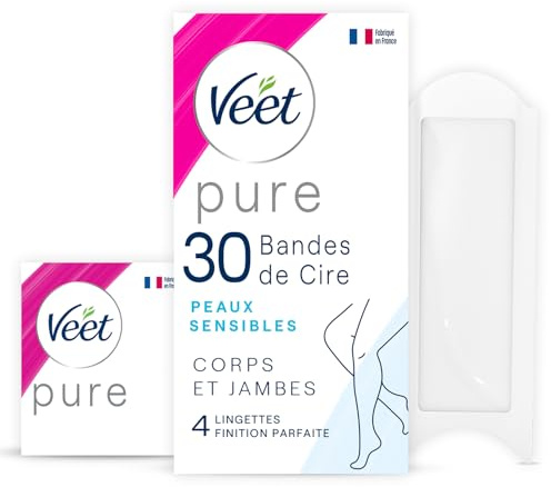 Veet PURE - 30 Bandes de Cire Froide Corps et Jambes - Peaux Sensibles - Recommandés par les Dermatologues - Epilation Longue Durée