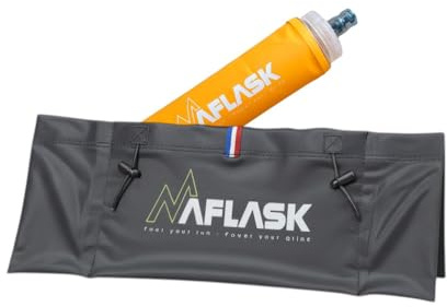 MAFLASK Ceinture Running/Trail - Sac Banane Sport Étanche - Zéro Rebond - 4 Poches - Support Téléphone 6,9 Pouces - Homme Femme - Trail, Jogging, Fitness, Vélo, Course à Pied + 1 Flasque 500ml | M
