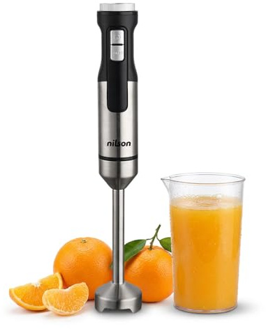 Nilson Life Batidora de Mano, 1500 W Potencia Máxima, Cuchillas con 4 Aspas, Bate, Mezcla y Pica, Múltiples Velocidades, Display LED, Función Turbo, Vaso 0,7 L, NHB15001AX, Cable 1 M, Inox