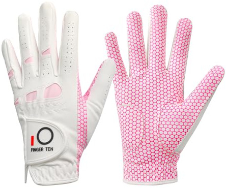 FINGER TEN Women's Lady Weathersof Pro Grip Left and Right Golf Glove Value 2 Pack (2 Pink, Medium, Left)