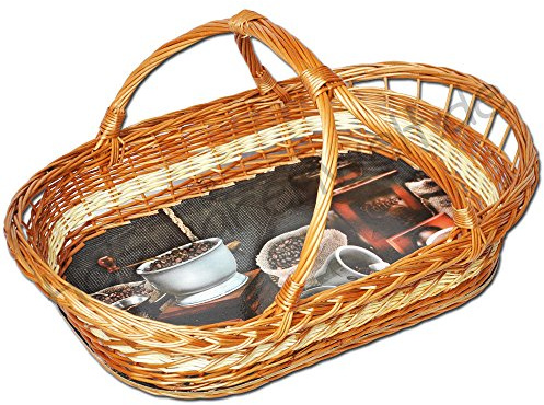 FORYOURPROTECTION Weidentablett mit Bügel Tablettkorb Korbtablett Tablett Weide Serviertablett Kaffeemotiv