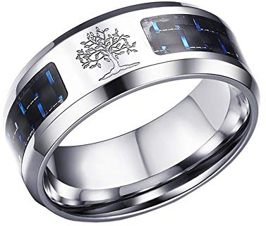PAMTIER Hommes 8MM Arbre de La Vie Carbone Fibre Acier Inoxydable Bague Argent Tallie 62