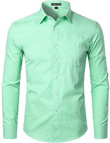 PARKLEES Chemise à manches longues pour homme - Couleur unie - Coupe ajustée - Décontractée - Affaires - Chemise formelle avec boutons et poche, Micro Twilled vert clair, XL