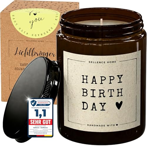 LICHTBRINGER Happy Birthday Duftkerze, Geburtstagsgeschenk Frauen, 70 Std | 210 g Sojawachs, vegan, Bergamotte-Zedernholz, handgegossen in Europa, Geschenkbox, Schraubdeckel, Amberglas wiederverwendbar