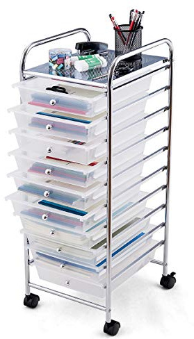 GIANTEX Rullvagn med 10 stapelbara lådor, lådvagn badrumsvagn köksvagn med låsbara hjul, förvaringsvagn hushållsvagn metallram för kök kontor (transparent)
