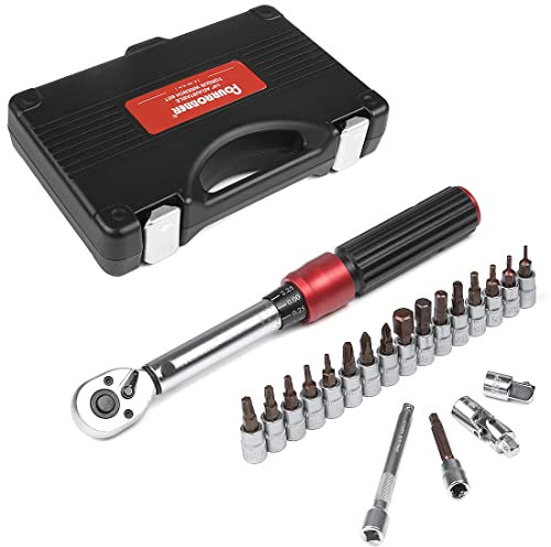FOURROBBER Clé Dynamométrique 1/4 réglable à 90 dents Clé à Cliquet1/4(5-30 Nm) Précision±3% 15 Pièces Set D'entretien avec Barre D'extension