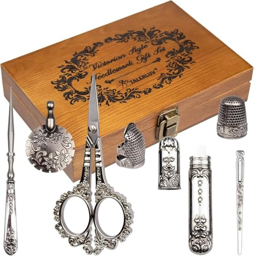 VERSAINSECT ery Scissors Kit, Victorian Needlework Gift Set with Antique Shear, Thread Cutter, Thimbles, Needles, Awl, Bodkin, Winding Board for Sewing, Knitting, Cross Stitch, Quilting