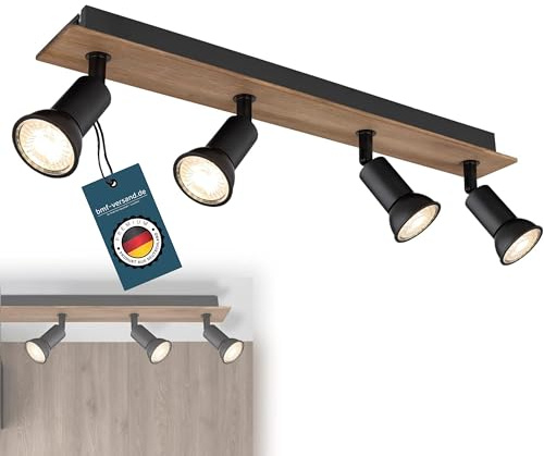 bmf-versand® Deckenstrahler 4 Flammig Schwenkbar - Deckenleuchte mit 4 Spots Schwarz Holz Optik - Deckenlampe Wohnzimmer Modern - Strahler Küche Fassung GU10
