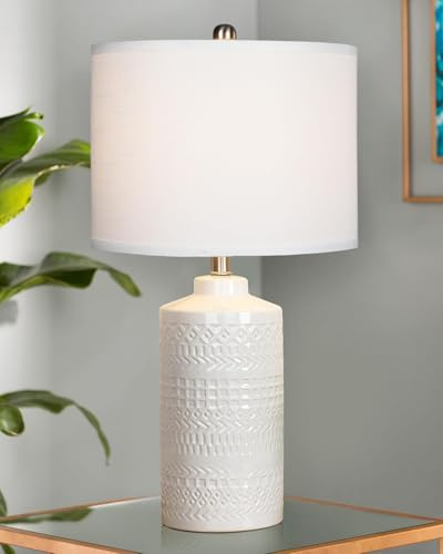 JUNNAI 24.5 White Ceramic Table Lamp 3-Way Dimmable Nightstand with White Linen Shade Bedside Lamp for Bedrooms & Living Room Office Reading(Bulb Included)