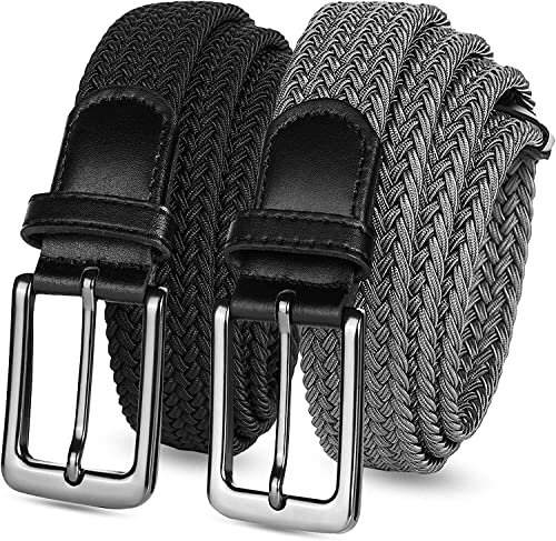 LOVMEAD Elastischer Gürtel Stretchgürtel Geflochten Herren Damen Wert 1 2 Stück, Golf Stoffgürtel Flechtgürtel Dehnbarer (2 Stück-Schwarz+Grau, 115cm/38’’-42’’ für Taillengröße)