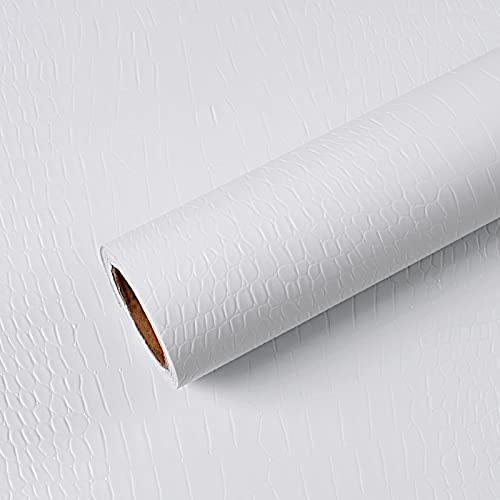 VEELIKE Textured White Crocodile Wallpaper Self Adhesive Faux Leather Effect Contact Paper Embossed Alligator Skin Look Vinyl Wallpaper for Living Room Sticky Back Plastic Furniture Sticker 40cm×300cm