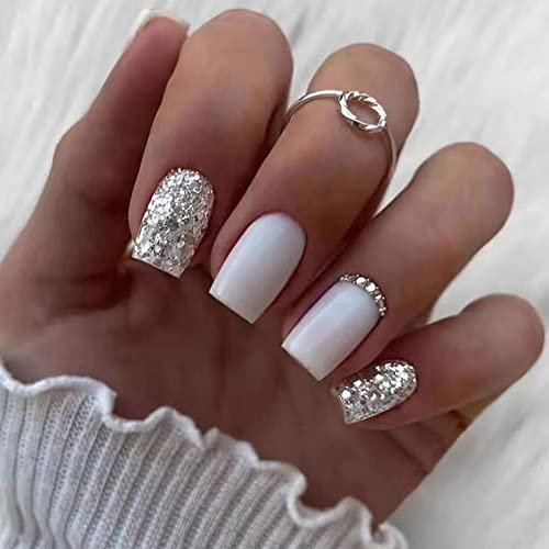 24 Stück Eckig Falsche Nägel Kurz, Weiß Französisches Tipp Press On Nails Square Glitzer Künstliche Nägel Zum Aufkleben, Kunstnägel Full Cover Falsche Nägel für Frauen und Mädchen