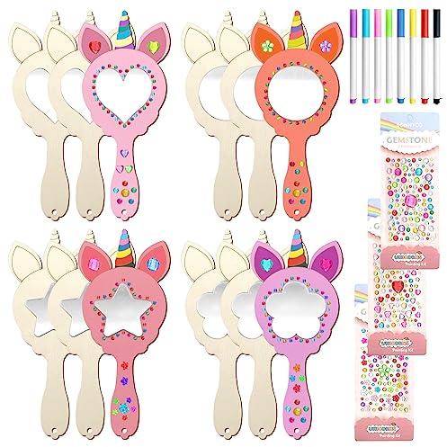 TOPJOWGA Einhorn Basteln, 23 Stücke DIY Holzspiegel Handwerk für Kinder, Mini Holz Einhorn Spiegel, Holzspiegel zum Basteln, Unvollendete Handspiegel, Holzspiegel zum Bemalen für DIY Kinder Malen