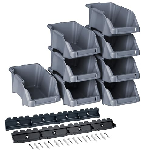 YPC Stapelboxen Set - Grau 8 Stück - Sichtlagerboxen 16x9x7cm mit Wandhalterung für Werkstatt & Garage zur Aufbewahrung von Schrauben & Werkzeug