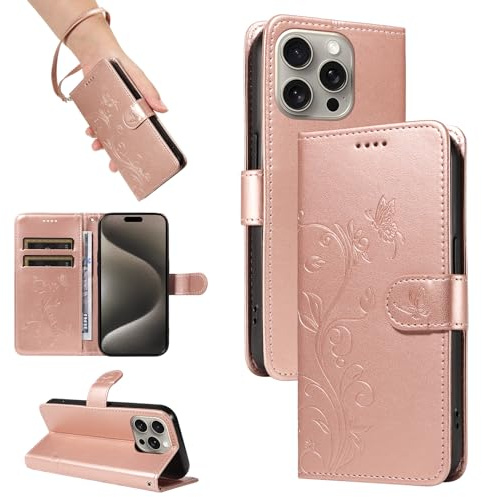 SRISHP Cover per iPhone 15 Pro Max Custodia, Oro Rosa | Magnetica Cover a Libro, Portafoglio con Slot per Schede, Custodia in PU Pelle, Supporto Stand Cover