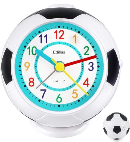 Edillas Wecker Kinder Jungen Mädchen, Fußball Wecker Analog Geräuschlos Ohne Ticken mit Licht Schlummerfunktion für Kinder Schlafzimmer Nachttisch Tisch Aufwachenuhr (Schwarz-Weiß)