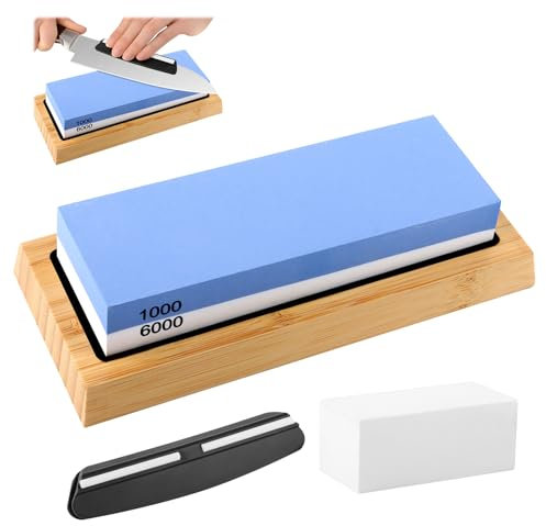 TNOMSNO Piedra de Afilar Cuchillosm, Grano 1000/6000 2-en-1 Piedra de Afilar, Piedra de Afilar Cuchillos con Almohadilla de Silicona Antideslizante, Base de Bambú, Localizador y Piedra Correctora