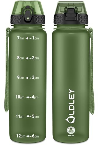 OLDLEY 1L/32oz Sports Water Bottle with Straw, 1000ml Motivational Drinks Bottle with Time Markings Leak Proof Drink & Lock Cover, BPA Free for Cycling Gym Running Travel
