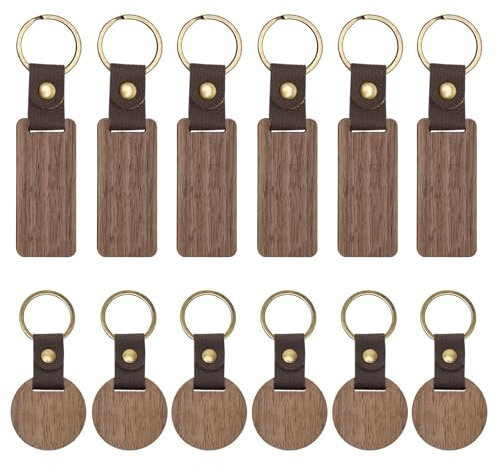 TENTHPEO 12 Stück Schlüsselanhänger Holz Rohling, Schlüsselanhänger Personalisiert mit Leder und Schlüsselring für Lasergravur, DIY Geschenk, Bemalen