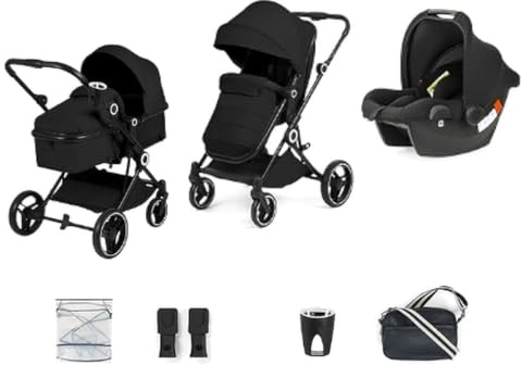 Ickle Bubba Atom 3 in 1 Travel System Pram with Car Seat, (Black) | Lightweight pushchair and buggy from birth to 4 years, compact fold baby stroller with Group 0+ newborn car seat