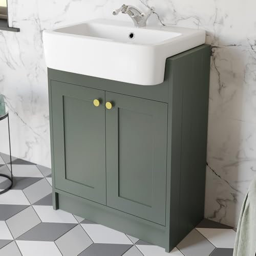BAYSTONE® 620mm Bathroom Vanity Unit Semi-Recessed Basin Sink Storage Cabinet Cupboard Freestanding, 1 Tap Hole Wash Basins, Double Door, Matt Green - Brushed Brass Handles