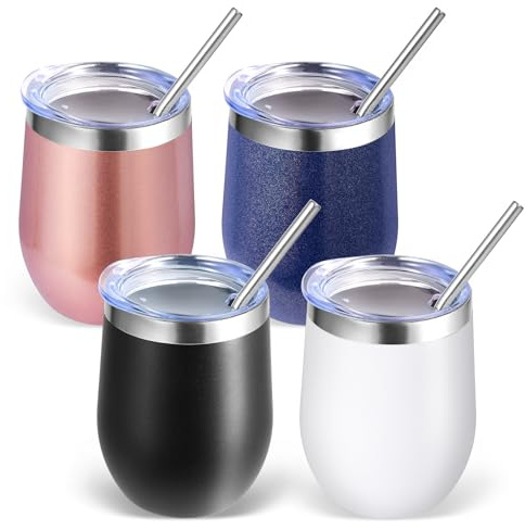 Volhoply 350 ml rostfritt stål vinglas med lock bulk 4-pack, 350 ml dubbelvägg vakuum stamlösa vinglas, metall rese kaffemugg med sugrör, isolerade koppgåvor för kvinnor, jul (mix, 4 set)