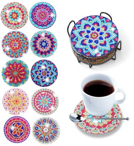 Aililong Diamond Painting Untersetzer Set - 10 Stück Mit Halter, Mandala-Muster, DIY rutschfeste Tassenuntersetzer Für Kinder Und Erwachsene
