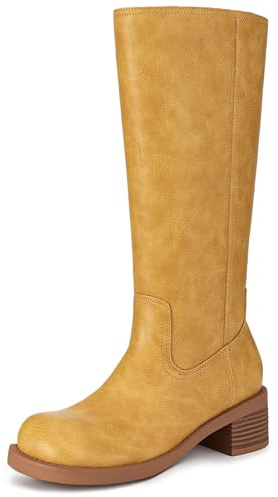 Athlefit Knee High Boots Women Square Toe Yellow Riding Boots Comfortable Slip On Chunky Block Heel Fall Booties Size 8.5