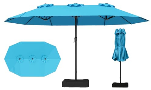 RELAX4LIFE Grand Parasol Double avec Pied 4,7M, Grand Parasol de Jardin Extérieur avec Manivelle, 12 Baleines, Base Croix, Sacs de Sable, Ventilé, Protection Solaire pour Terrasse Marché (Turquoise)