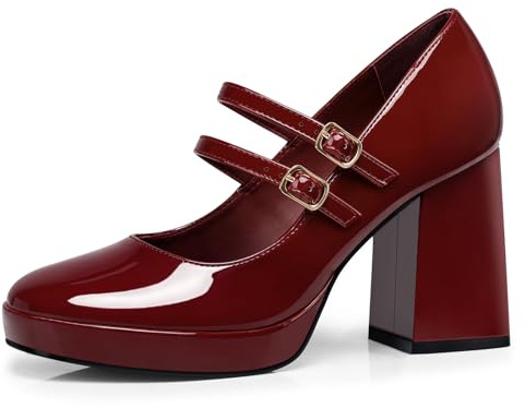 CELLENZ Women Mary Jane Shoes: Comfy Closed Toe Strappy Heels - Red Sexy Dressy Heel - Chunky Prom Dance Party Platform Pumps Size 8
