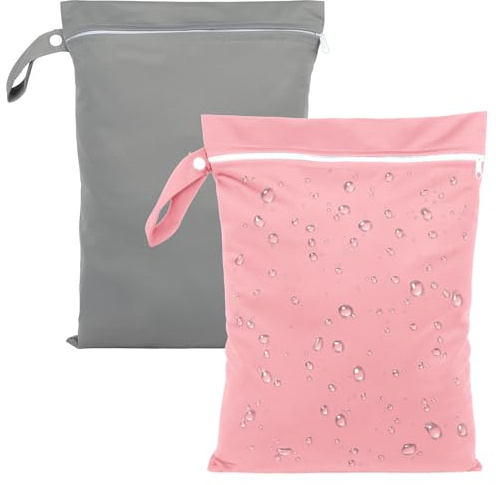 Deepton 2 Stück Nassbeutel 40 x 30 cm, Wasserdicht Wetbag Schwimmsachen | Nasstasche mit Reißverschluss, Wiederverwendbar Reise Wäschesack für Badeanzüge, Strandtücher, Windeln, Rosa & Grau