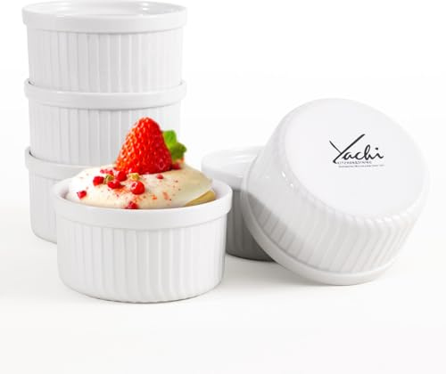 Yachi Ramekins White, 6 oz Ceramic Set of 6 Stoneware Bakeware for Souffle Sauces Dipping Onion Soup Lava Cake Flan Creme Brulee Kit Pudding Mini Custard Oven Safe