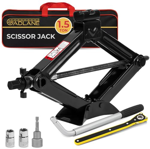 GADLANE Scissor Jack Kit - 1.5 Ton Portable Heavy Duty Car Jack Kit with Socket Drill Adapter, Extendable Wrench, Ratchet for Easy Lifting Cars/SUVS/Sedans, Storage Bag (Lifting Range: 3.13-13.17)