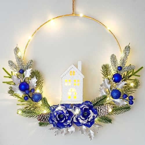 Dremisland Ghirlanda Natalizia per Porta con Casa Illuminata 40 cm Ghirlanda di Natale con Rose Pigne Decorative Corona Artificiale Decorazioni Natalizie per Porte Finestre Camini Pareti Esterno