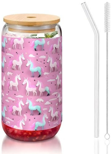 JIUTY Many Unicorns Printing Drinking Glasses with Lids and Glass Straw,1 Pc 16 Oz Glass Cups,Beer Ice Coffee Glasses