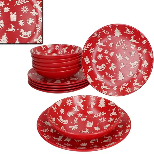 MamboCat Avvent, servizio da tavola da 12 pezzi, stoviglie in gres porcellanato per 6 persone, colore rosso, con motivi natalizi in crema, 6 piatti piani invernali e 6 piatti fondi da 480 ml, Natale