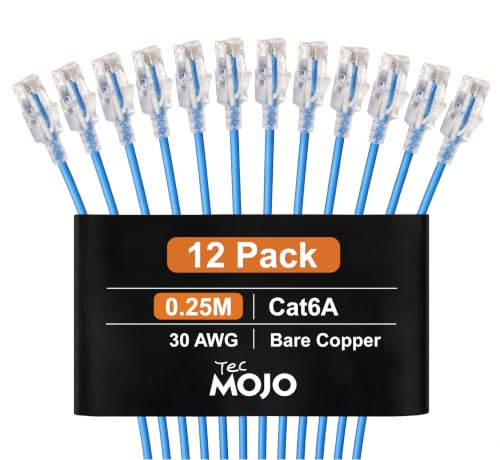 Tecmojo Cat6A Ethernet Cable, 0.25m Patch Cable 12 Pack 30AWG Ultra Thin 10 Gbps RJ45 Pure Copper Core LSZH Network Patch Cord for Router Modem Patch Panel Faster Than Cat6 Cat5e and Cat5, Blue