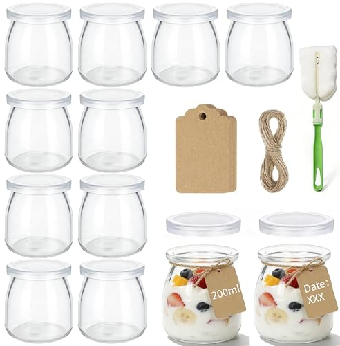 LEBOKJ Lote de 12 macetas de yogur de vidrio 200 ml con tapas, sin BPA, + 1 cepillo, 24 etiquetas y 3 m de cuerda, para yogur casero, pudín, postres y conservación de alimentos