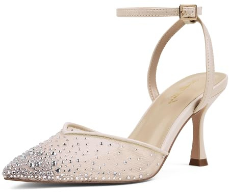 Zhabtuc Damen Tacchi 8 cm Strass Pumps Punta Spillo Mesh Glitter Cinturino Caviglia Slingback Kitten Heel Scarpe da Sera Matrimonio Sposa, Beige, 40 EU