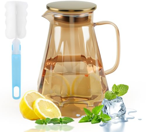 Borosilikat-Glaskaraffe 2L mit Deckel & Griff, spülmaschinenfest | Hitzebeständig bis 150°C, spülmaschinenfest - Wasserkaraffe für Eistee, Kaffee, Saft & Wein - Platzsparend für Kühlschranktür