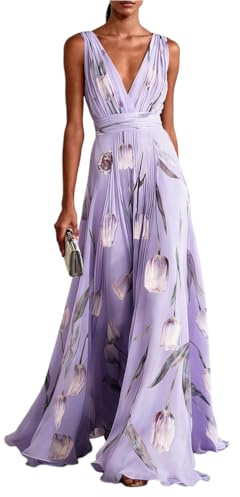 Onsoyours Femme Robe De Soirée Décontractée Élégant sans Manches Col en V Longue Robes Imprime Trapèze Taille Haute Cocktail Cérémonie Maxi Dress