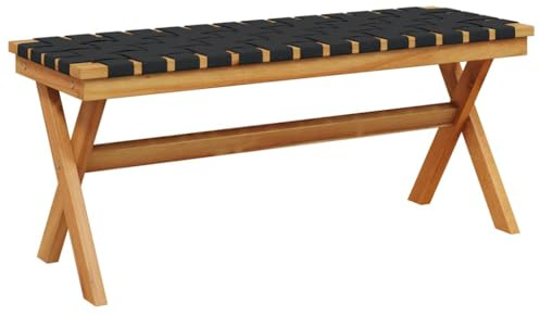 Augerlite Trädgårdsbänk, svart av massivt akaciaträ med tyg, bältessits, väderbeständig sittbänk för trädgård, terrass, balkong, med ryggstöd och armstöd, 100 x 34 x 42 cm, hållbar och robust