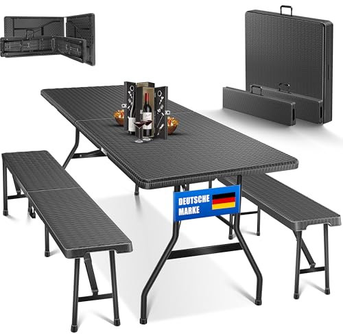 KESSER® Bierzeltgarnitur 3-teilig Set Tisch & 2x Bank | Buffettisch für drinnen & draußen Gartengarnitur klappbar 183x76x74cm Kunststoff Klapptisch Rattan-Look Gartentisch Inkl Abdeckung & Tragegriffe
