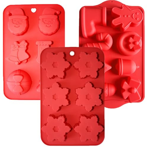 HSU'S Weihnachten Silikon Backform, 8 Hohlräume mit Lebkuchenmann, Glocke, Stern, Platin-Silikon，Schneemann, Rot (3 Stück)