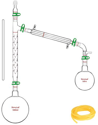 stonylab 13 Pièces Kit de Distillation, Kit d'appareil de Distillation à Fond Rond en Verre Borosilicaté 24/40 avec Condenseur Liebig et Deux Ballons de Laboratoire, Distillation