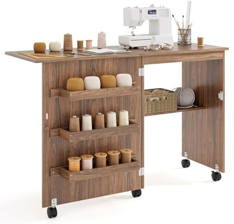 GIANTEX Nähtisch klappbar, Nähmaschinentisch auf Rollen, Nähtisch für Nähmaschine, Nähschrank Holz, Mehrzwecktisch für Wohnzimmer Arbeitszimmer Schlafzimmer (braun)