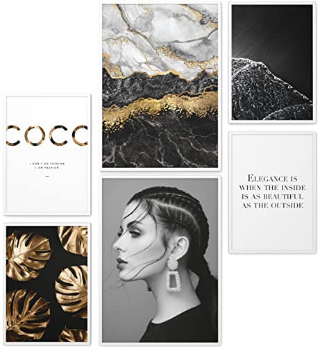 Papierschmiede® Set Mood Posters, Tableau Décoration Murale « Coco Black & Gold » cadres en bois laqué blanc, Bureau, Salon, Deco Chambre Parentale, Cuisine, 2x A4 et 4x A5, marbre noir élégance